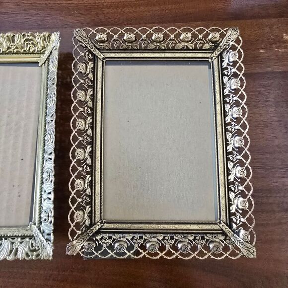 Vintage Ornate Brass Photo Frame Set Gold Tone MCM Filigree Flowers Easel - Picture 7 of 11